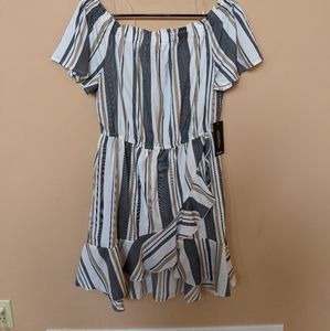 Striped Off Shoulder Wrap Midi Dress